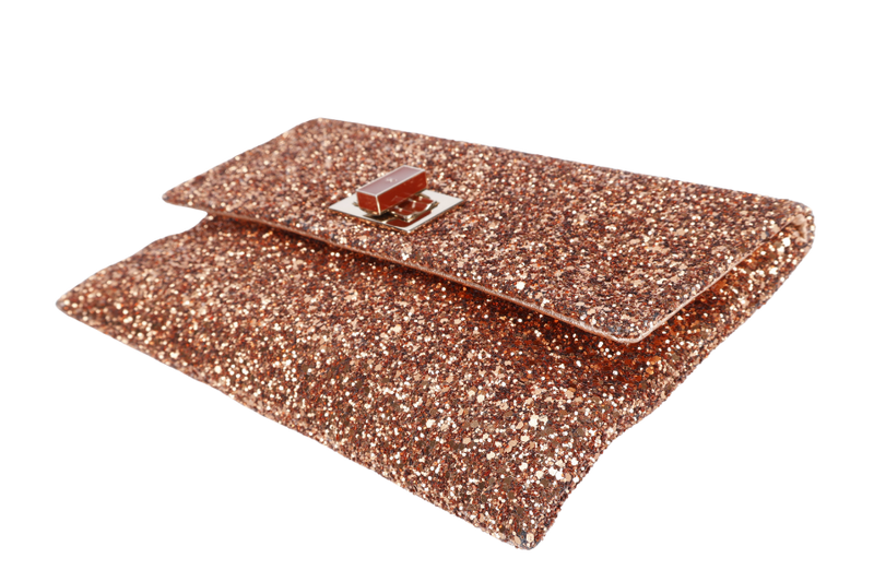 ANYA HINDMARCH BRONZE GLITTER VALORIE CLUTCH WITH BOX ONLY