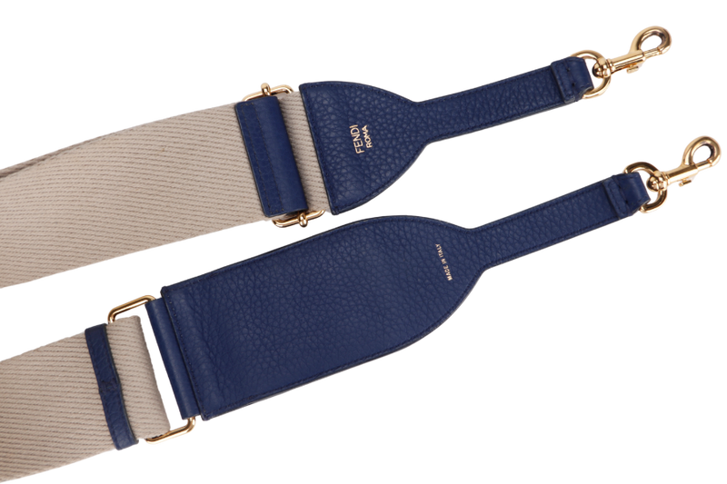 FENDI DARK BLUE LEATHER WITH BEIGE CANVAS SHOULDER STRAP GOLD HARDWARE, NO DUST COVER & BOX