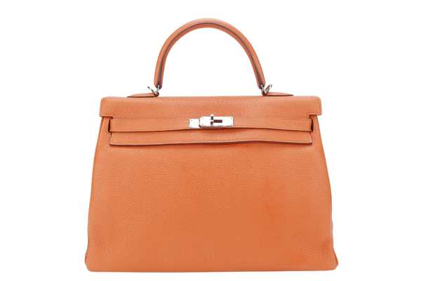 HERMES KELLY 35 ORANGE COLOR TOGO LEATHER SILVER HARDWARE STAMP P SQUARE (YEAR 2012) WITH STRAPS, DUST COVER, LOCK&KEYS AND RAINCOAT