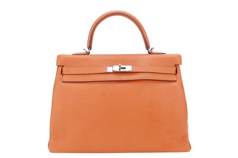 HERMES KELLY 35 ORANGE COLOR TOGO LEATHER SILVER HARDWARE STAMP P SQUARE (YEAR 2012) WITH STRAPS, DUST COVER, LOCK&KEYS AND RAINCOAT