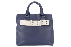 BURBERRY BELT BAG SATCHEL LARGE NAVY BLUE CALF LEATHER SILVER HARDWARE WITH STRAPS AND DUST COVER