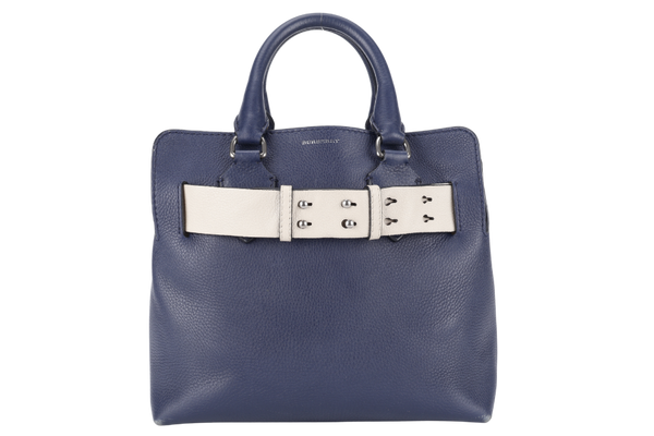 BURBERRY BELT BAG SATCHEL LARGE NAVY BLUE CALF LEATHER SILVER HARDWARE WITH STRAPS AND DUST COVER