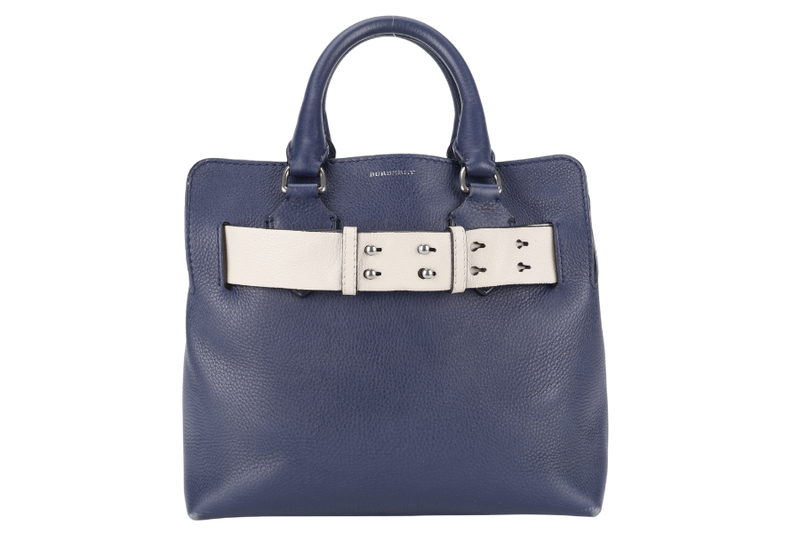 BURBERRY BELT BAG SATCHEL LARGE NAVY BLUE CALF LEATHER SILVER HARDWARE WITH STRAPS AND DUST COVER