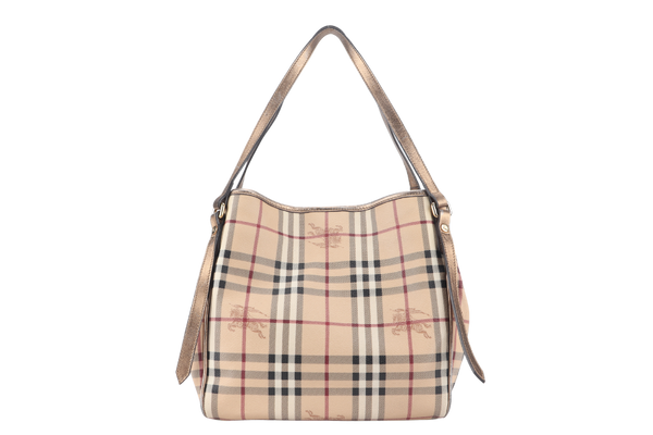 BURBERRY HAYMARKET CHECK TOTE BEIGE LEATHER GOLD HARDWARE WITH DUST COVER