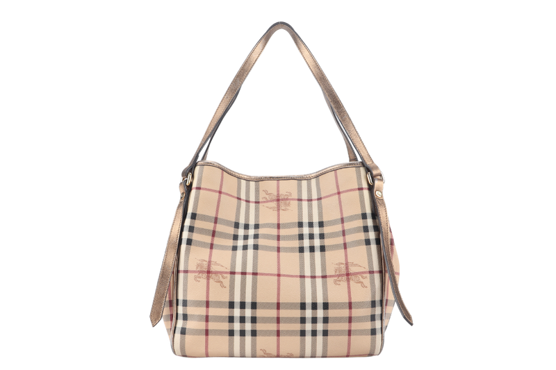 BURBERRY HAYMARKET CHECK TOTE BEIGE LEATHER GOLD HARDWARE WITH DUST COVER