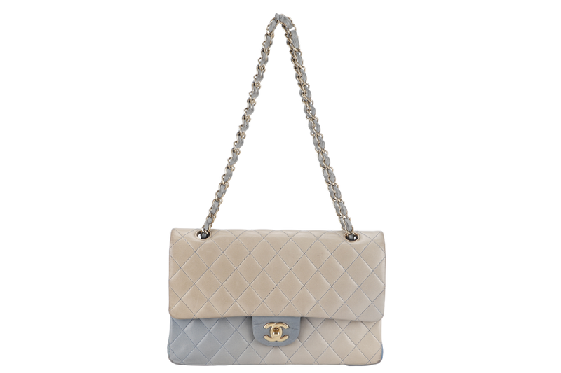 CHANEL OMBRE CLASSIC DOUBLE FLAP (1349xxxx) MEDIUM MULTICOLOUR LAMBSKIN LEATHER GOLD HARDWARE WITH DUST COVER AND BOX