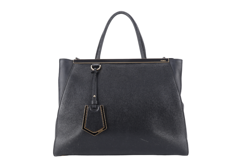 FENDI 8BH250-D7E 2JOURS ELITE TOTE MEDIUM BLACK VITELLO LEATHER GOLD HARDWARE WITH STRAPS, DUST COVER AND CARD