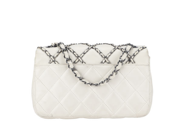 CHANEL QUILTING ENCHAINED FLAP BAG (1968xxxx) WHITE LAMBSKIN LEATHER SILVER HARDWARE WITH CARD, DUST COVER AND BOX