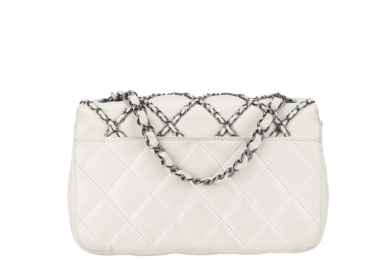 CHANEL QUILTING ENCHAINED FLAP BAG (1968xxxx) WHITE LAMBSKIN LEATHER SILVER HARDWARE WITH CARD, DUST COVER AND BOX