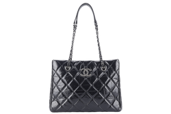 CHANEL CC SHOPPING TOTE (2043xxxx) BLACK GLAZED CALFSKIN SILVER HARDWARE WITH DUST COVER AND CARD