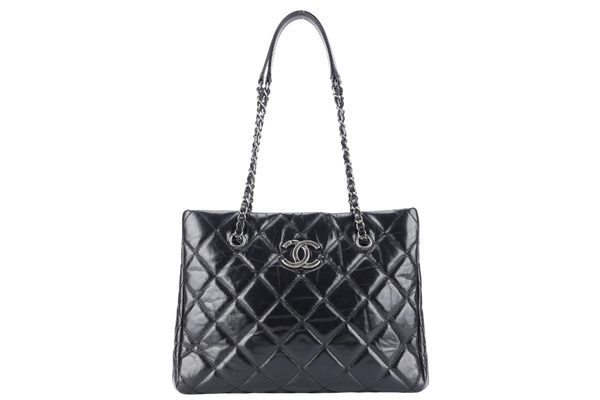 CHANEL CC SHOPPING TOTE (2043xxxx) BLACK GLAZED CALFSKIN SILVER HARDWARE WITH DUST COVER AND CARD