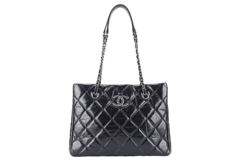 CHANEL CC SHOPPING TOTE (2043xxxx) BLACK GLAZED CALFSKIN SILVER HARDWARE WITH DUST COVER AND CARD