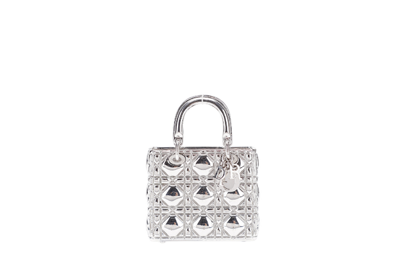 CHRISTIAN DIOR LADY DIOR I ON IN SILVER METAL CHARMS AND PILL BOX WITH DUST COVER AND BOX