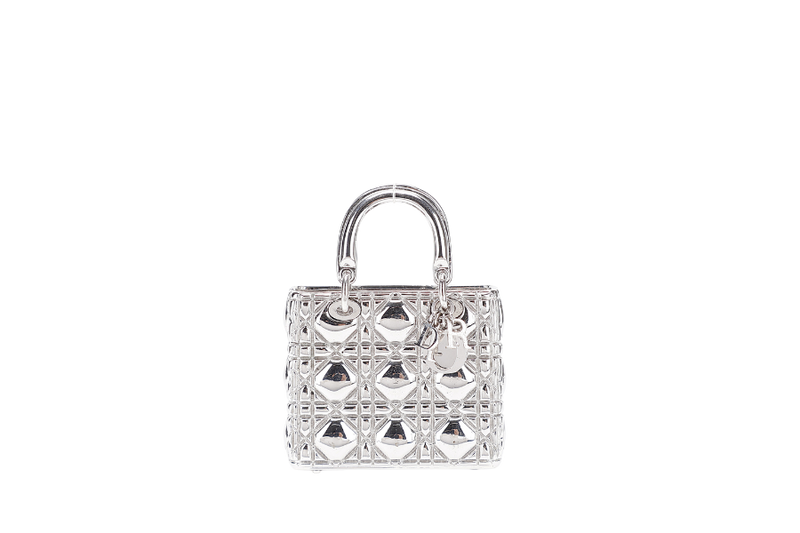 CHRISTIAN DIOR LADY DIOR I ON IN SILVER METAL CHARMS AND PILL BOX WITH DUST COVER AND BOX