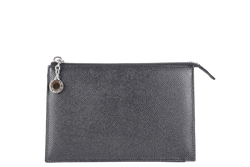 BVLGARI SMALL ZIP POUCH BLACK LEATHER SILVER HARDWARE WITH BOX