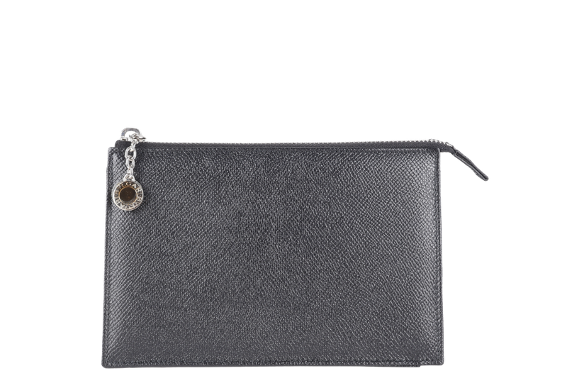 BVLGARI SMALL ZIP POUCH BLACK LEATHER SILVER HARDWARE WITH BOX
