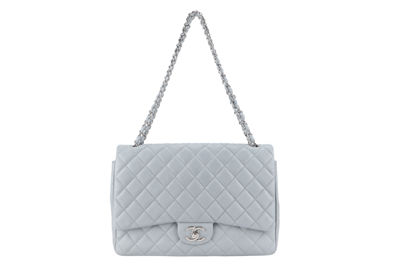 CHANEL CLASSIC FLAP MAXI GREY CAVIAR LEATHER WITH SILVER CHAIN (1739xxxx) WITH CARD , DUST COVER AND BOX