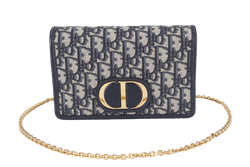 CHRISTIAN DIOR MONTAIGNE 2 IN 1/W.O.C BLUE NAVY OBLIQUE JACQUARD GOLD HARDWARE WITH CHAIN STRAPS, LEATHER STRAPS , DUST COVER AND BOX