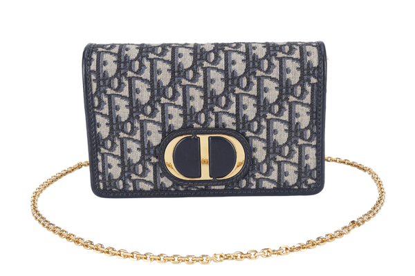 CHRISTIAN DIOR MONTAIGNE 2 IN 1/W.O.C BLUE NAVY OBLIQUE JACQUARD GOLD HARDWARE WITH CHAIN STRAPS, LEATHER STRAPS , DUST COVER AND BOX