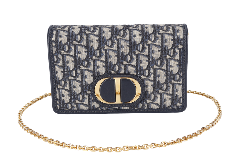 CHRISTIAN DIOR MONTAIGNE 2 IN 1/W.O.C BLUE NAVY OBLIQUE JACQUARD GOLD HARDWARE WITH CHAIN STRAPS, LEATHER STRAPS , DUST COVER AND BOX