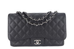 CHANEL CLASSIC FLAP JUMBO (1357xxxx) BLACK CAVIAR LEATHER SILVER HARDWARE WITH DUST COVER AND CARD