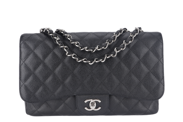 CHANEL CLASSIC FLAP JUMBO (1357xxxx) BLACK CAVIAR LEATHER SILVER HARDWARE WITH DUST COVER AND CARD