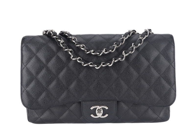 CHANEL CLASSIC FLAP JUMBO (1357xxxx) BLACK CAVIAR LEATHER SILVER HARDWARE WITH DUST COVER AND CARD