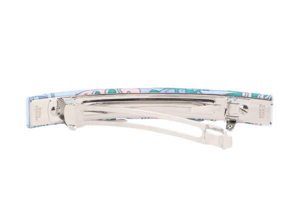 HERMES SILK HAIR CLIP LIGHT BLUE AND WHITE WITH BOX