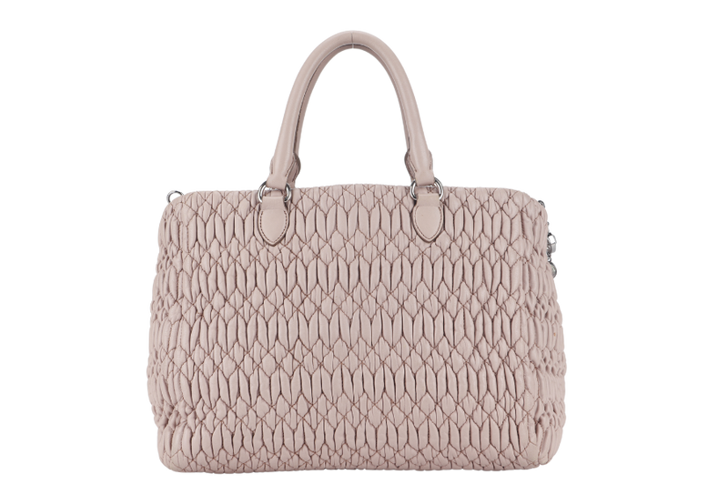 MIU MIU PINK MATELASSE NAPPA LEATHER CRYSTAL TOTE SILVER HARDWARE WITH CRYSTAL AND LEATHER STRAP