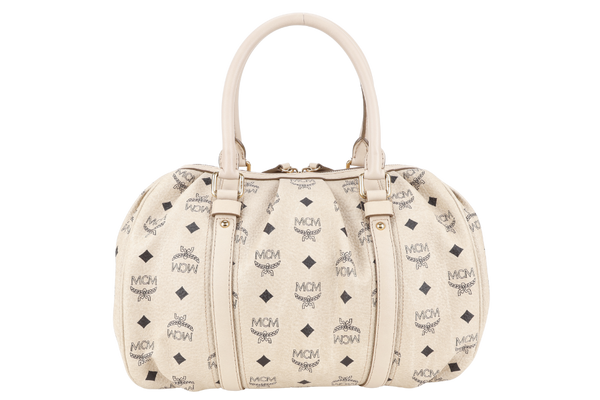 MCM BOSTON LIGHT BEIGE MONOGRAM CANVAS GOLD HARDWARE WITH KEYS, LOCK AND DUST COVER