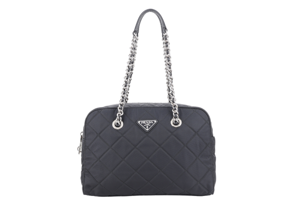 PRADA BAULETTO TESSUTO BLACK NYLON CHAIN SILVER HARDWARE WITH LOCK & KEYS AND DUST COVER
