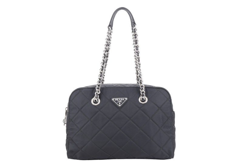 PRADA BAULETTO TESSUTO BLACK NYLON CHAIN SILVER HARDWARE WITH LOCK & KEYS AND DUST COVER