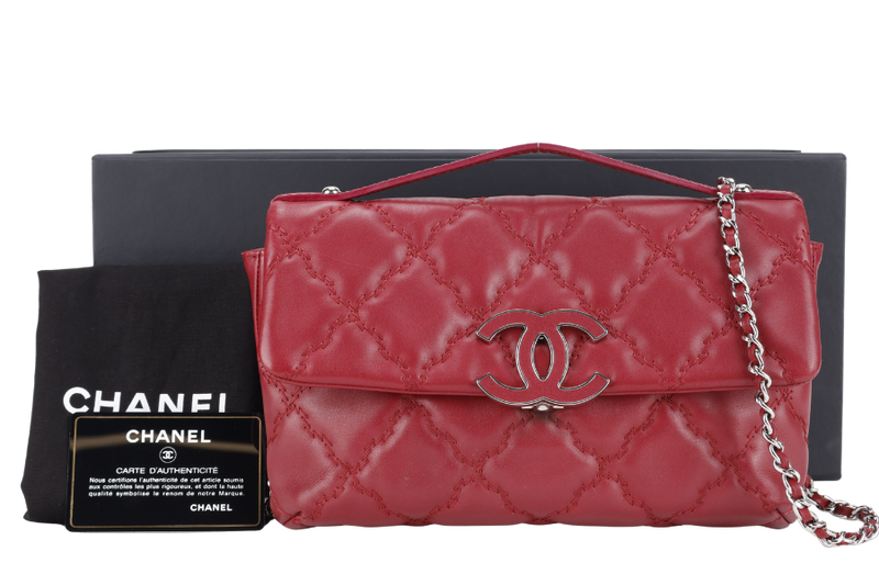 CHANEL HAMPTONS WILD STITCH DARK RED LEATHER FLAP BAG SILVER HARDWARE (1783xxxx) WITH CARD, DUST COVER AND BOX