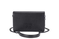 PRADA WALLET ON CHAIN (1BP019) BLACK SAFFIANO LEATHER BLACK HARDWARE WITH DUST COVER, CARD AND MIRROR