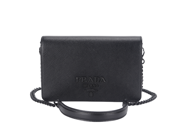 PRADA WALLET ON CHAIN (1BP019) BLACK SAFFIANO LEATHER BLACK HARDWARE WITH DUST COVER, CARD AND MIRROR