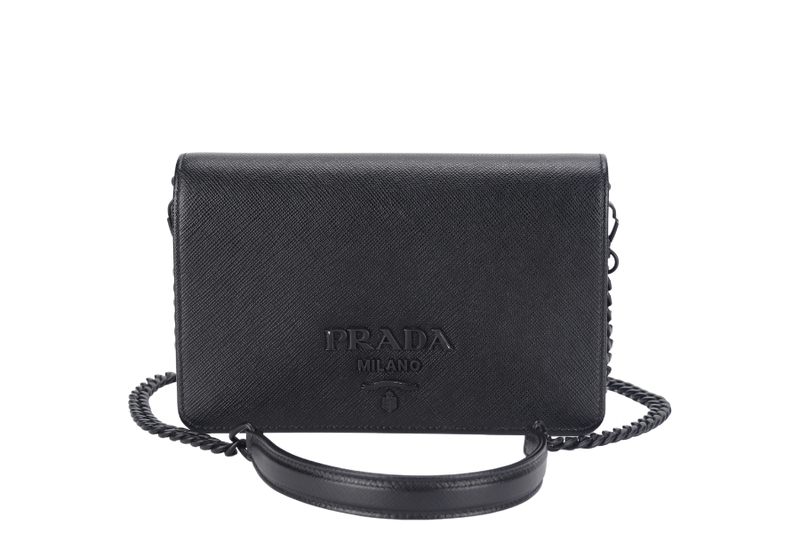 PRADA WALLET ON CHAIN (1BP019) BLACK SAFFIANO LEATHER BLACK HARDWARE WITH DUST COVER, CARD AND MIRROR