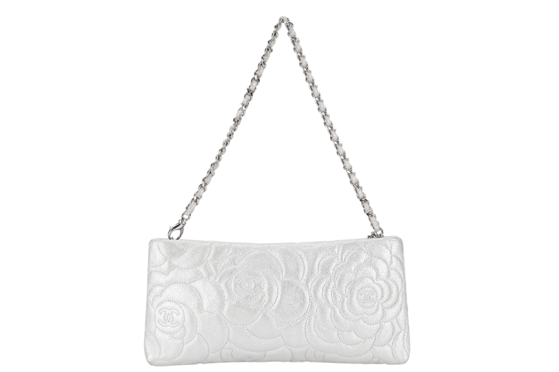 CHANEL CAMELLIA EMBOSSED SMALL SILVER METALLIC POCHETTE SILVER HARDWARE (2005xxxx) WITH CARD