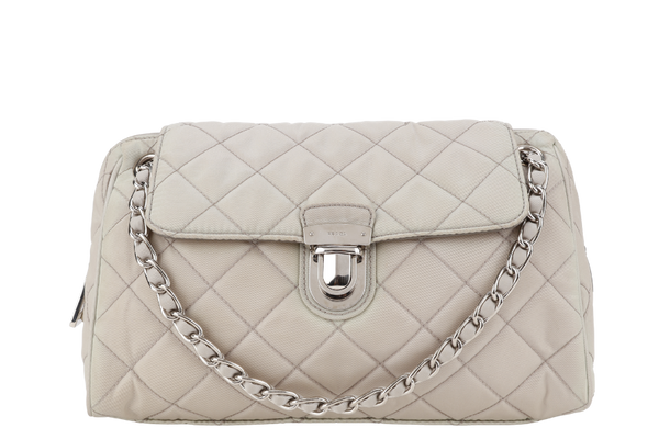 PRADA BR4965 TESSUTO IMPUNTU CHAIN BAG BEIGE NYLON SILVER HARDWARE WITH CARD AND DUST COVER