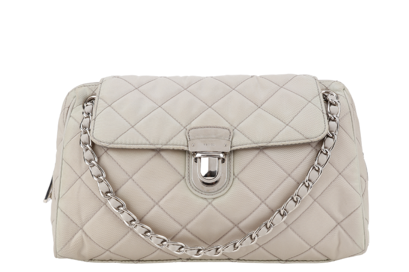 PRADA BR4965 TESSUTO IMPUNTU CHAIN BAG BEIGE NYLON SILVER HARDWARE WITH CARD AND DUST COVER