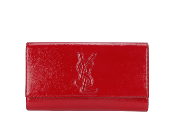 YVES SAINT LAURENT (YSL) BELLE DE JOUR CLUTCH (203855 467891) RED PATENT LEATHER & GOLD HARDWARE WITH DUST COVER