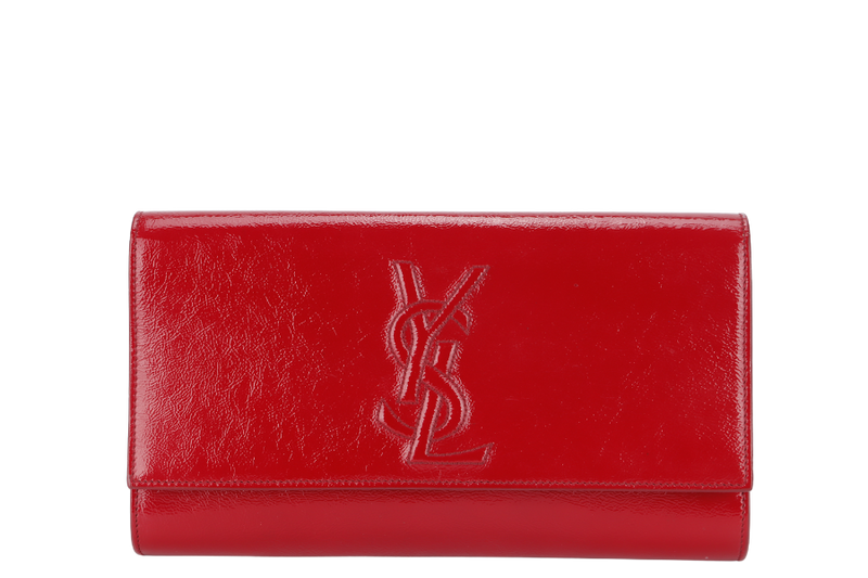 YVES SAINT LAURENT (YSL) BELLE DE JOUR CLUTCH (203855 467891) RED PATENT LEATHER & GOLD HARDWARE WITH DUST COVER