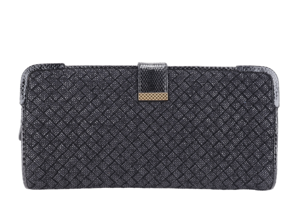 BOTTEGA VENETA CLUTCH WITH SNAKESKIN TRIMMING BLACK INTRECCIATO WOVEN RAFFIA GOLD HARDWARE WITH DUST COVER