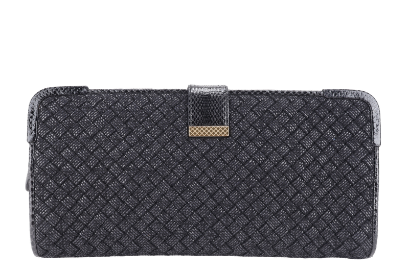 BOTTEGA VENETA CLUTCH WITH SNAKESKIN TRIMMING BLACK INTRECCIATO WOVEN RAFFIA GOLD HARDWARE WITH DUST COVER