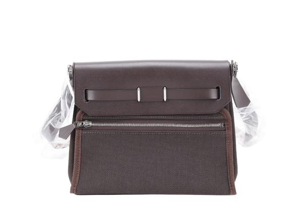 HERMES MINI HERBAG STAMP W (YEAR 2024) EBENE TOILE SILVER HARDWARE WITH DUST COVER