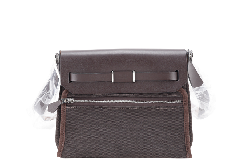 HERMES MINI HERBAG STAMP W (YEAR 2024) EBENE TOILE SILVER HARDWARE WITH DUST COVER