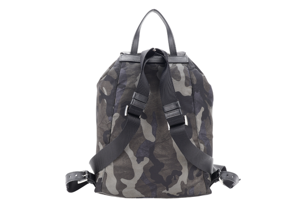 PRADA BZ0032 TESSUTO CAMOUFLAGE PATTERN GREEN BACKPACK WITH SILVER HARDWARE WITH CARD, NO DUST COVER