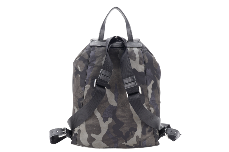 PRADA BZ0032 TESSUTO CAMOUFLAGE PATTERN GREEN BACKPACK WITH SILVER HARDWARE WITH CARD, NO DUST COVER