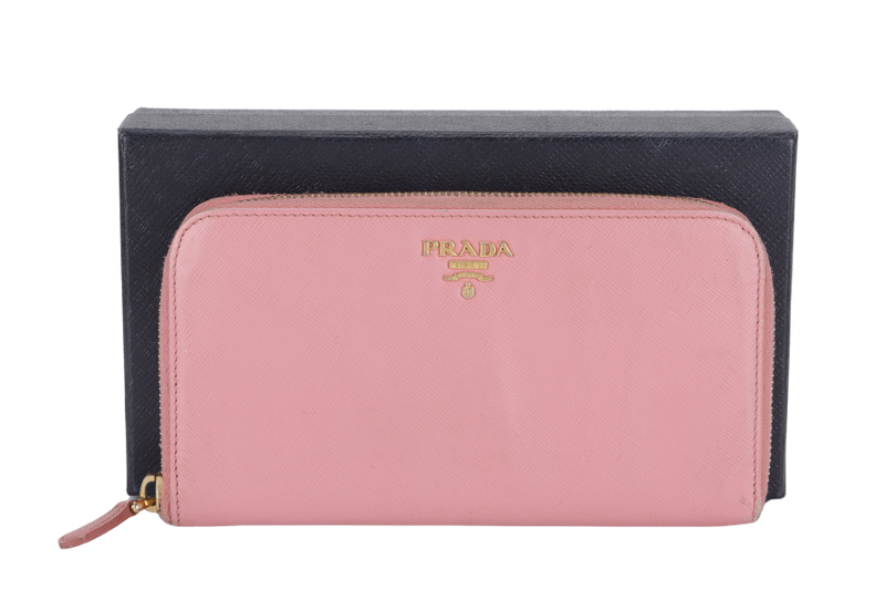 PRADA ZIP AROUND LONG WALLET PINK SAFFIANO LEATHER GOLD HARDWARE WITH BOX