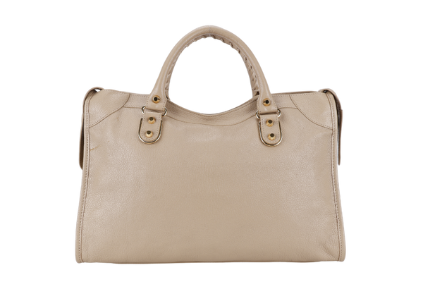 BALENCIAGA CITY BAG SMALL BEIGE LATTE LEATHER GOLD HARDWARE WITH MIRROR POCKET, STRAPS AND DUST COVER