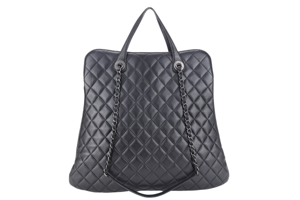 CHANEL QUILTED BLACK TOP HANDLE BAG (2194xxxx) RUTHENIUM HARDWARE WITH CARD AND DUST COVER